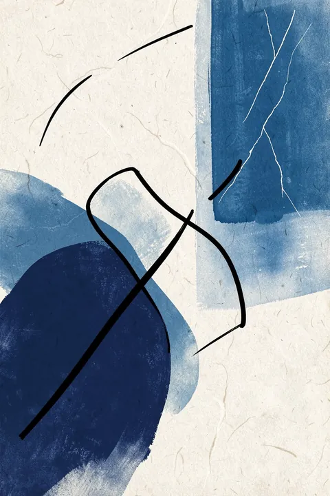 Fluid Blue Strokes. Textured blue blocks and rounded forms overlap on a cream ground, crossed by a loose black looping line.