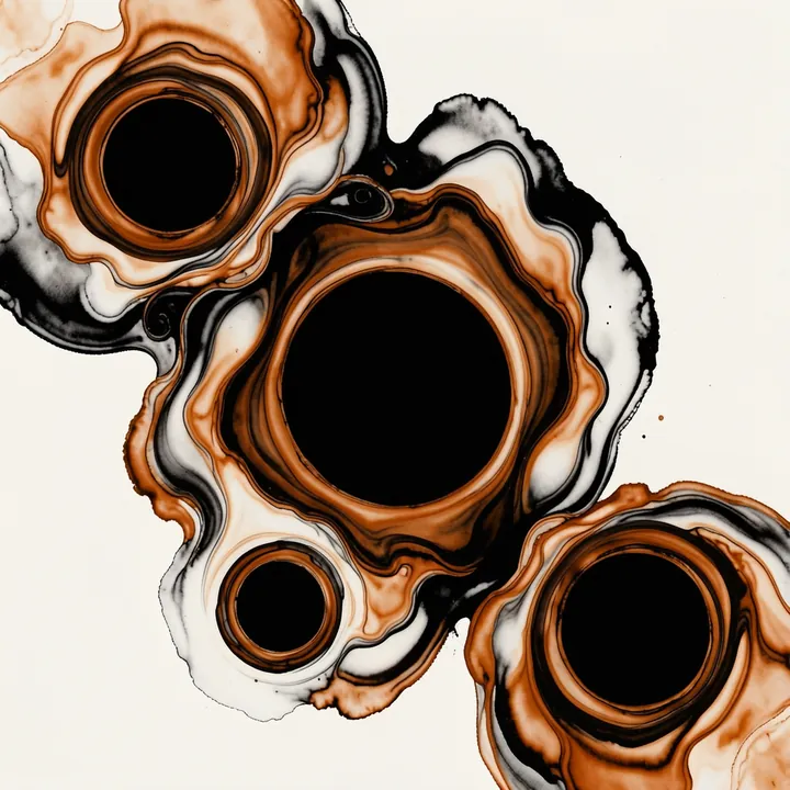 Fluid Earthy Abstract. Brown, black and white fluid-marble rings with dark centers overlap and crop at the edges of an ivory field.