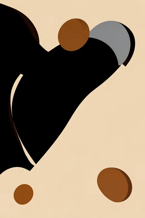 Fluid Geometrics. A large flowing black curve fills the left side of a pale beige field, with grey and brown circles arranged near the top and bottom.