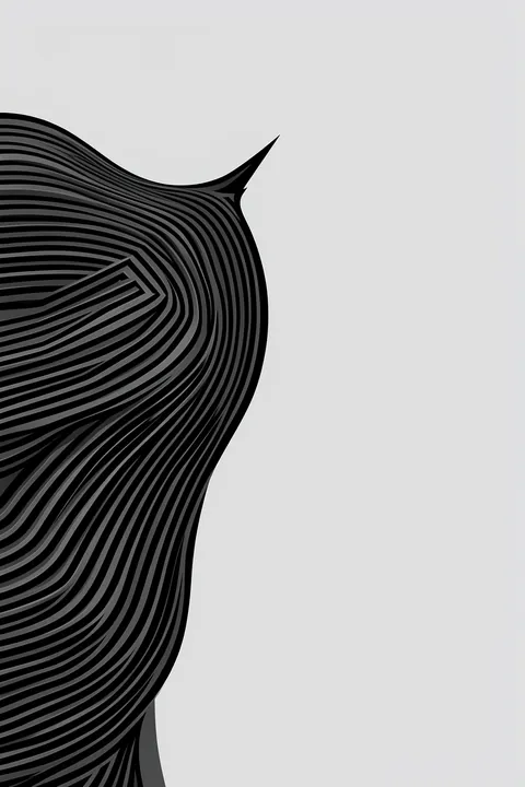 Forms. Dense parallel black and charcoal curves sweep inward from the left edge across a pale grey background.