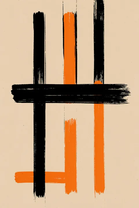 Geometric Rhythm. Vertical black and orange brushstrokes are crossed by a broad horizontal black stroke on a warm beige ground.