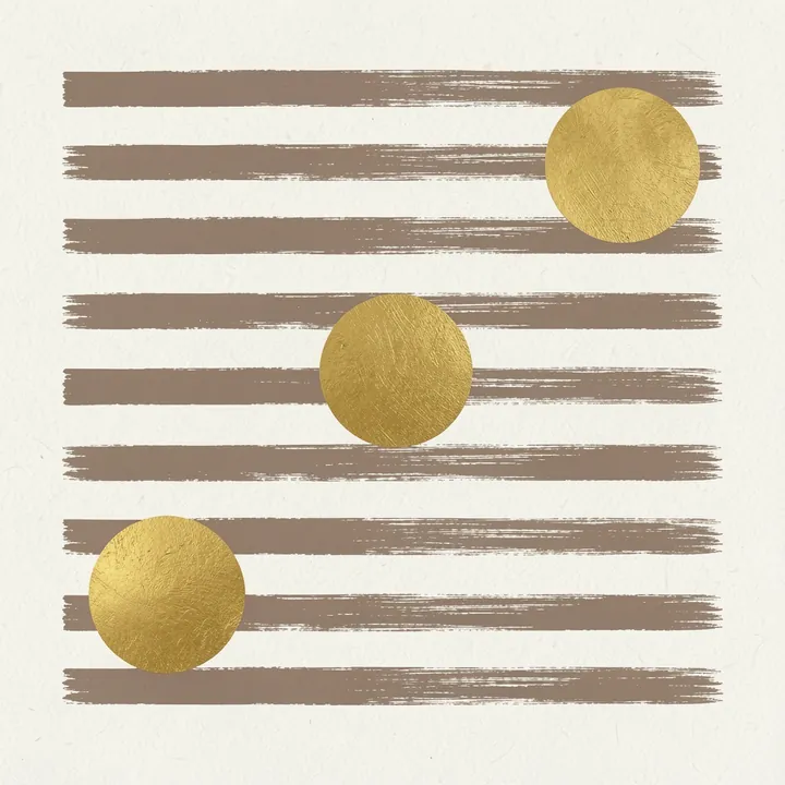 Golden Harmony. Three textured gold circles sit at different points over a stack of thin horizontal taupe brushstrokes on a pale ground.