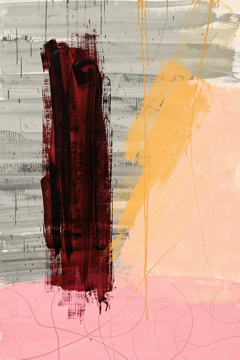 In This Together ii. A tall burgundy-black brush mark stands over layered grey, ochre and pink strokes, with fine drips and loose lines across the composition.