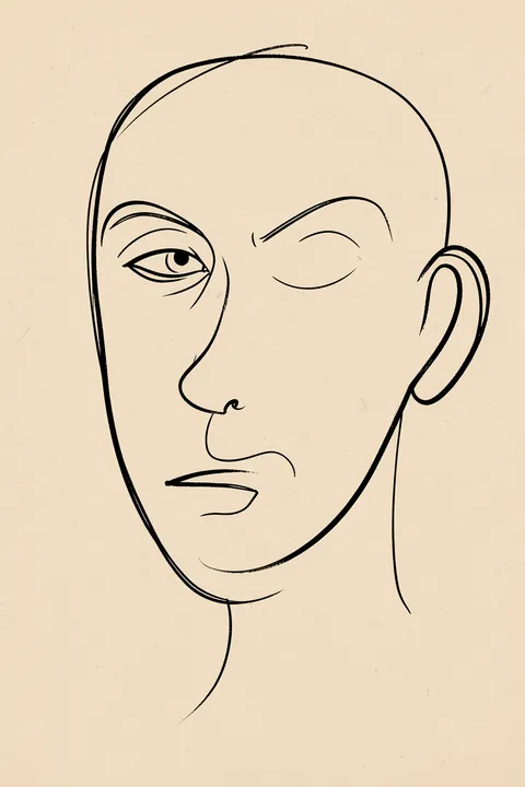 La Visage. A minimalist black line drawing shows a bald face with one eye open and the other closed against warm off-white paper.