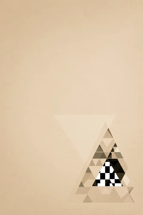 Layered Geometric Triangles. Translucent beige triangles overlap near the lower right, where a small black-and-white checkerboard triangle sits within the layered geometry.