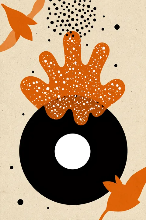 Matisse Cut Outs6. An orange speckled, branching form overlaps a large black ring with a white center; scattered black dots and cropped orange shapes fill the cream ground.