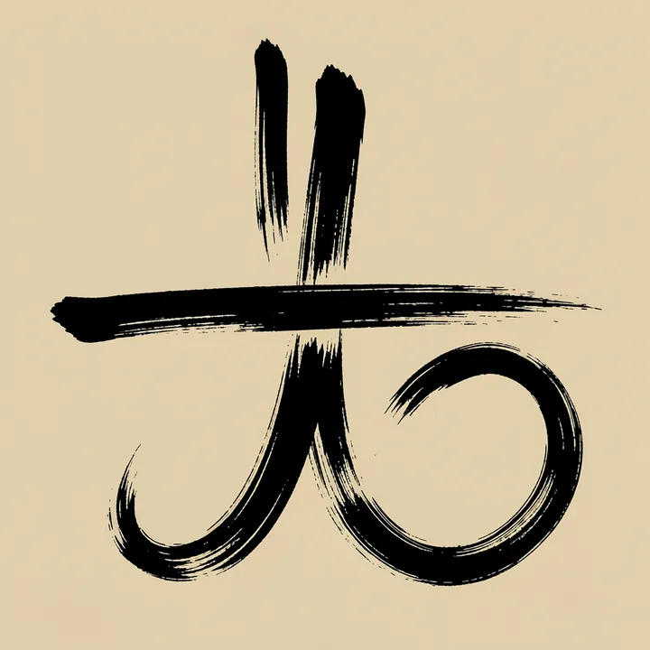 Minimalist Black Brushstrokes. A thick black horizontal brushstroke crosses vertical marks and two looping curves on a warm beige background.