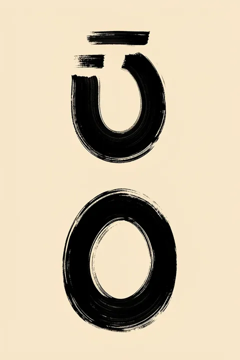 Modern Arch Forms. Two bold black brush loops, one open and one ring-shaped, are stacked vertically with short detached strokes above them.