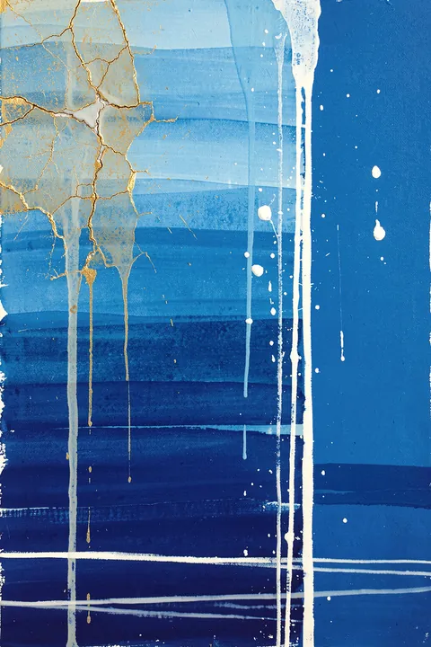 Modern Blue Gold Abstract. Layered cobalt and navy horizontal bands are crossed by pale drips and fine lines, with gold-colored crackle texture in the upper left.