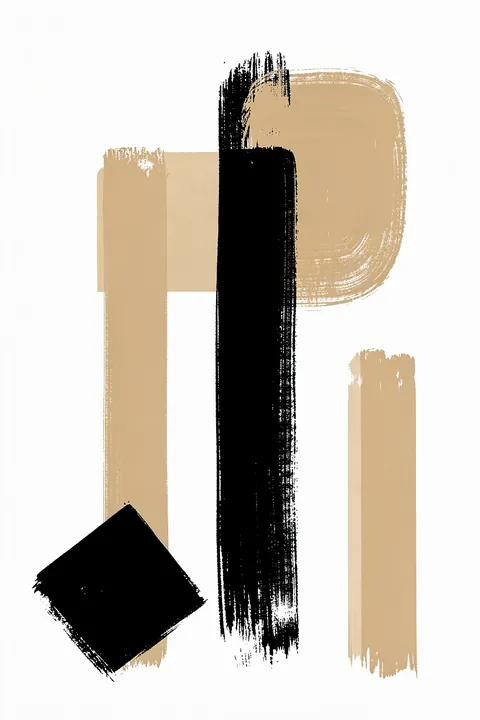 Modern Neutral Brush Strokes. Broad, rough-edged black and warm beige brushstrokes overlap on a white ground, including a rounded beige sweep at the upper right and a tilted black block near the lower left.