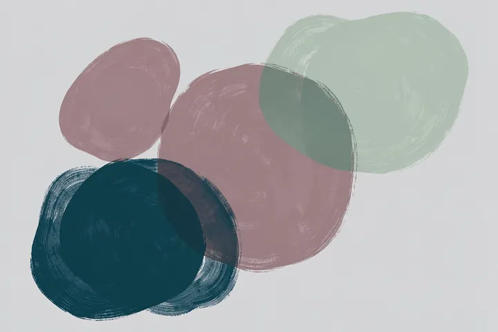 Organic Abstract Curves. Four overlapping, textured brush-painted circles in muted mauve, sage green, and deep teal form an abstract cluster on a pale gray background.