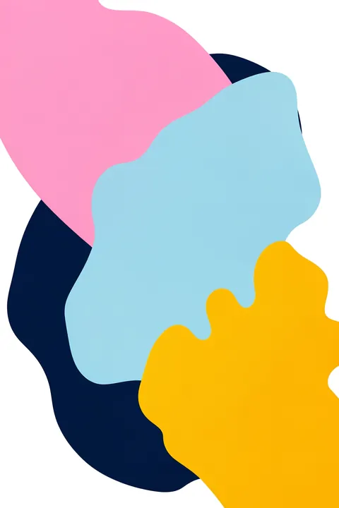 Pastel cut out. Large interlocking organic shapes in pink, light blue, mustard yellow, and deep navy fill the composition, with parts of the forms cropped by the edges.