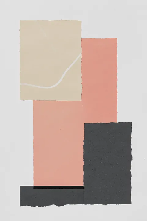 Pieces 15. A paper-like collage of overlapping cream, coral, and charcoal rectangles sits on a pale ground, with a thin white curve crossing the cream shape.