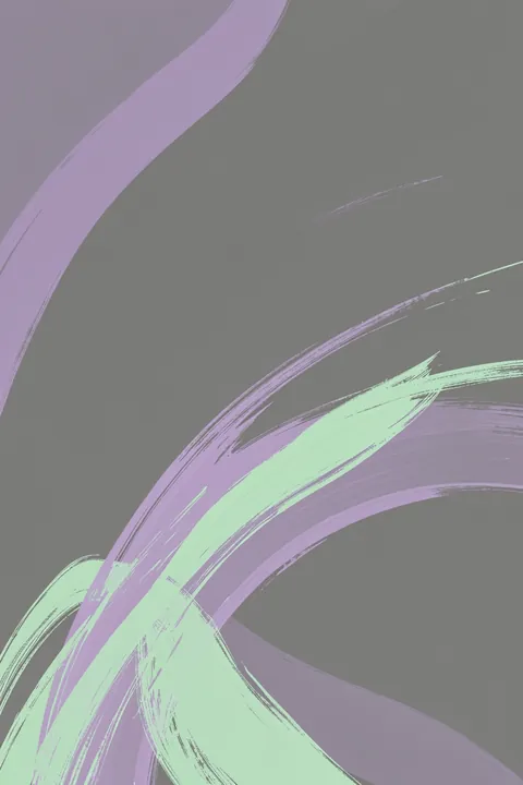 Soft Abstract Shapes. Sweeping lavender and pale mint brushstrokes curve and cross diagonally over a smoky gray background.