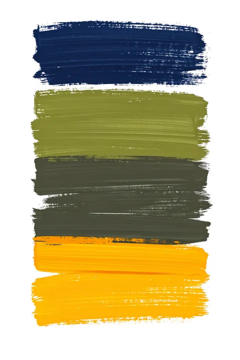Stacked Color Blocks. Four rough horizontal brush bands—navy, olive green, dark charcoal-green, and bright orange—are stacked vertically on white.