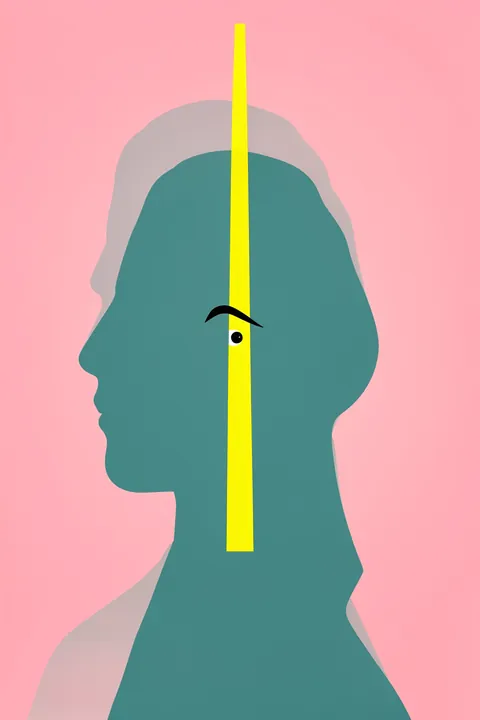 Thoughtful Profile Gaze. A stylized teal face in profile faces left against pink, with a muted mauve silhouette behind it and a narrow yellow stripe running through the eye.