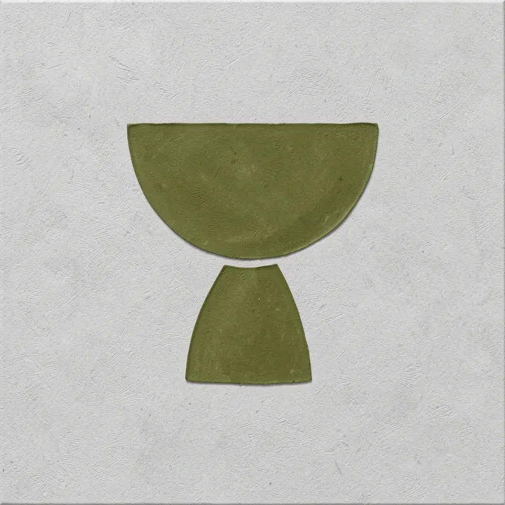 Verdant Tranquility. A dark olive-green semicircle above a tapered block forms a simple vase-like silhouette on a pale, textured ground.