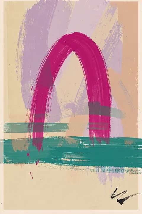 Vibrant Abstract Movement. A vivid magenta arch and teal horizontal brushstroke cross a layered beige and lavender field, with a small black scribble near the lower right.