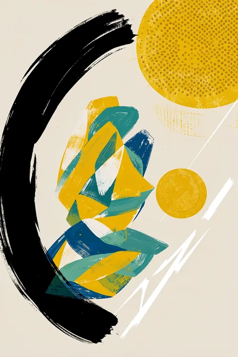 Vibrant Abstract Strokes. A broad black brush arc curves around overlapping angular yellow, teal, and navy strokes, with two dotted yellow circles on a warm ivory ground.