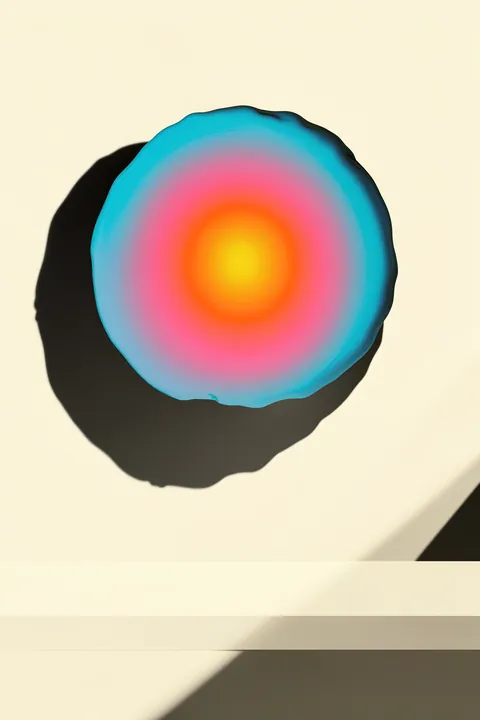 Vibrant Color Gradient. A rounded, softly irregular form grades from a yellow center through orange and pink to cyan, casting a dark shadow across a pale surface.