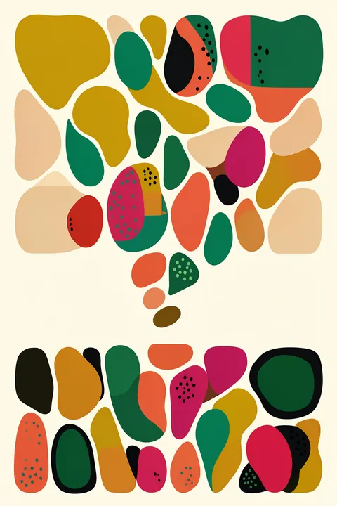 Watermelon Vibes. Rows of colorful rounded fruit-like shapes, several dotted with seed-like marks, are arranged on a cream background in watermelon red, green, orange, and yellow.