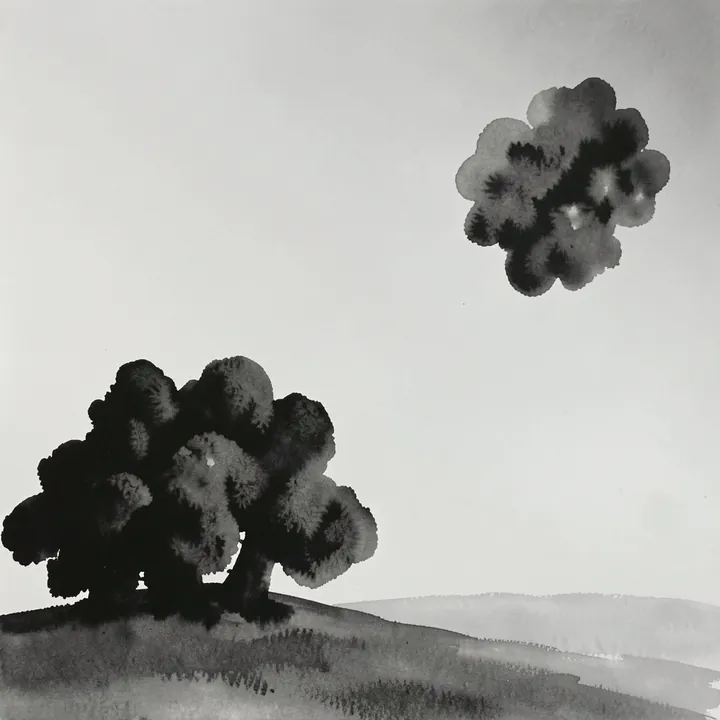 Land 1. A monochrome ink-wash landscape shows a cluster of trees on the left, a smaller tree group above, and layered hills extending across the lower horizon.