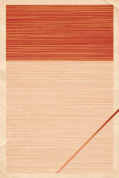 Whispering Textures. Fine horizontal red and pale-peach lines fill a large rectangle on textured beige paper, crossed by a diagonal terracotta line at the lower right.