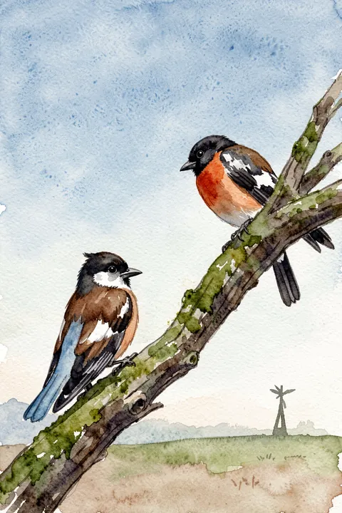 Two Birds Hawfinch. Two watercolor birds perch on a diagonal, mossy branch above a low landscape; one has a dark head and blue tail, while the other has a black head and rusty breast.