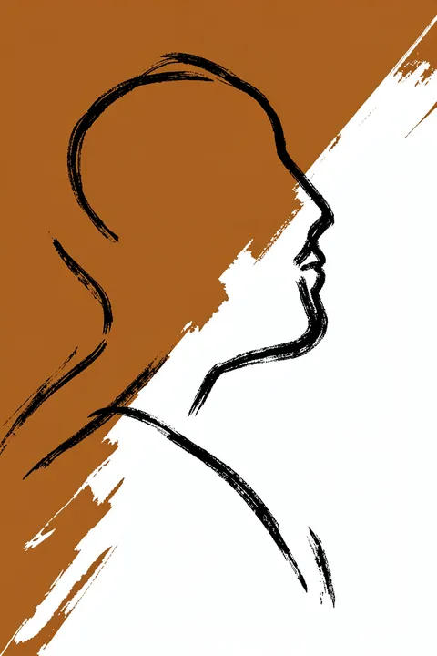 Abstract Line Face. A black continuous-line profile of a face appears beside a broad brown field and a diagonal white paint stroke.