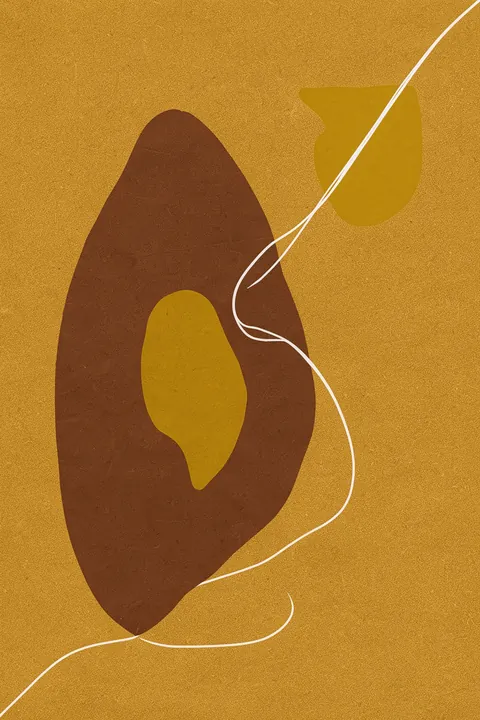 Earthy Organic Flow. A large dark-brown organic loop with a mustard center sits on a textured ochre ground, crossed by a thin wandering white line.