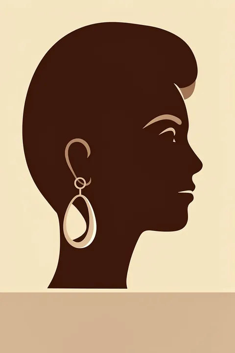 HEADWRAP. A minimalist side-profile portrait of a dark brown face with a smooth wrapped-looking head shape and a long cream geometric earring, set against pale yellow above a beige band.