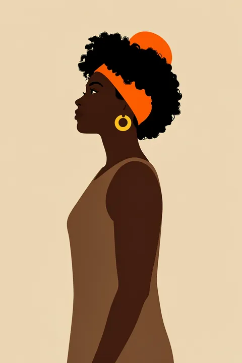 Posing. A stylized woman in profile wears a bright orange headwrap, large yellow hoop earring, and brown clothing, with a round orange shape behind her head.