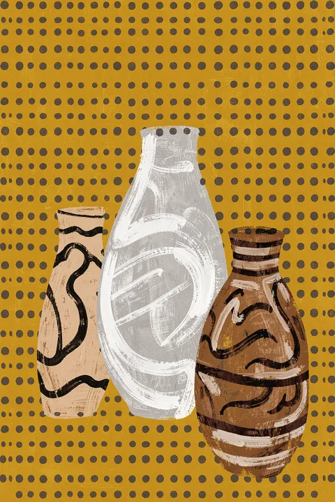 Potterypoemno07. Three painted vases stand against a mustard-yellow field of dark dots: a pale central vessel overlaps two smaller brown and cream patterned vessels.