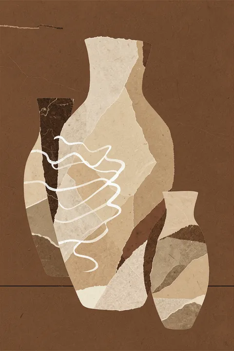 Potterypoemno08. Three overlapping vase silhouettes in cream, tan, and dark brown sit on a warm brown ground, with loose white looping lines across the left side.