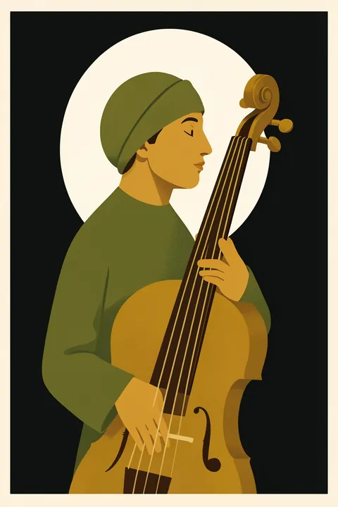 Soulful Lute Player. A stylized musician in a green cap and jacket holds a large upright string instrument against a dark background and pale circular backdrop.