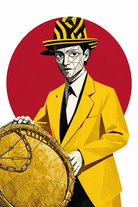 Stylized Jazz Drummer. A geometric portrait shows a drummer in a bright yellow suit and patterned hat behind a large decorated drum, framed by a red circle.