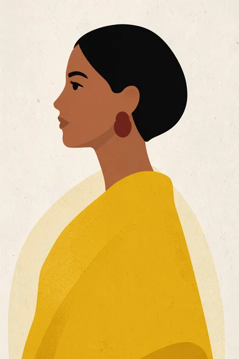 Woman In Yellow Cape. A stylized woman in left-facing profile wears a vivid yellow cape and dark earrings, with smooth black hair swept back against textured ivory.