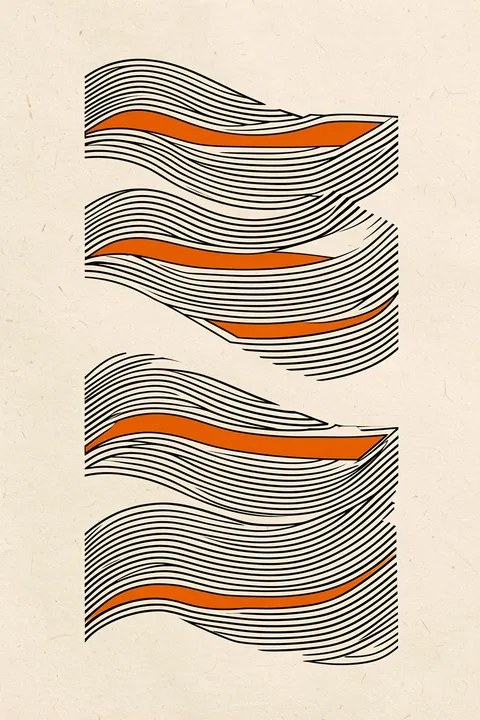 Curved Rhythm Path. Three groups of fine black wavy lines are crossed by orange bands on a pale textured background.