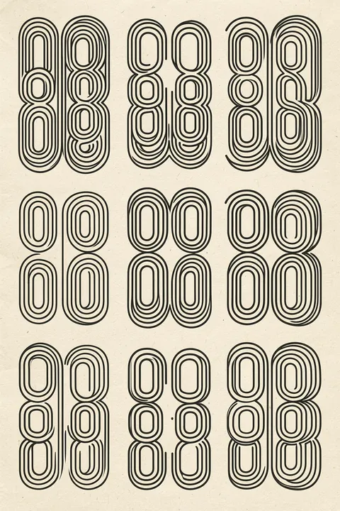 Retro Waves. Repeated black nested arches and oval loops form a three-row pattern on warm ivory paper.