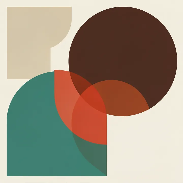Bauhaus Modern Bold 3. Overlapping circles, semicircles and square blocks in rust, teal and dark brown form a simple geometric composition on cream.