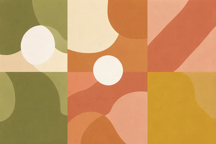 Summer Circles22 1 V. Muted olive, terracotta, peach, and coral rectangles and circles overlap in a two-row geometric composition.