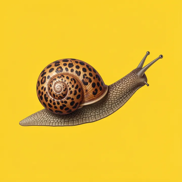 Fast like Cheetah. A realistic snail with a spotted brown spiral shell stretches across a bright yellow background.