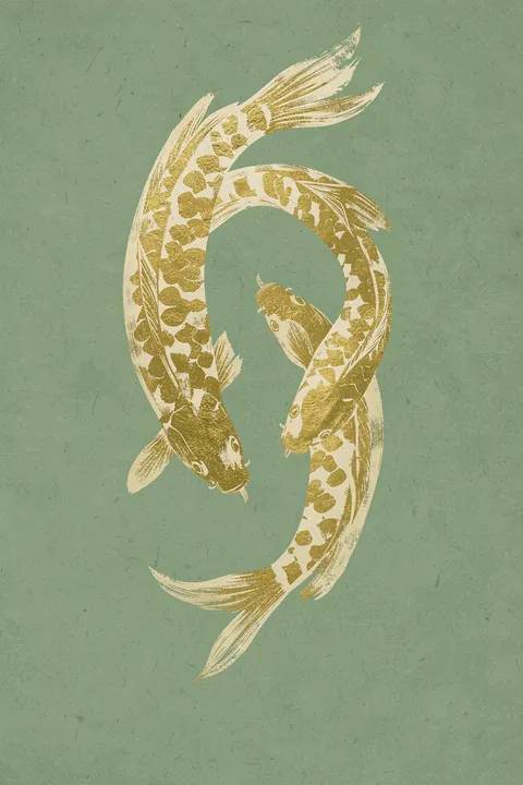 Intertwined Golden Koi. Two gold-patterned koi curve around one another in a loose circle on a muted sage-green background.