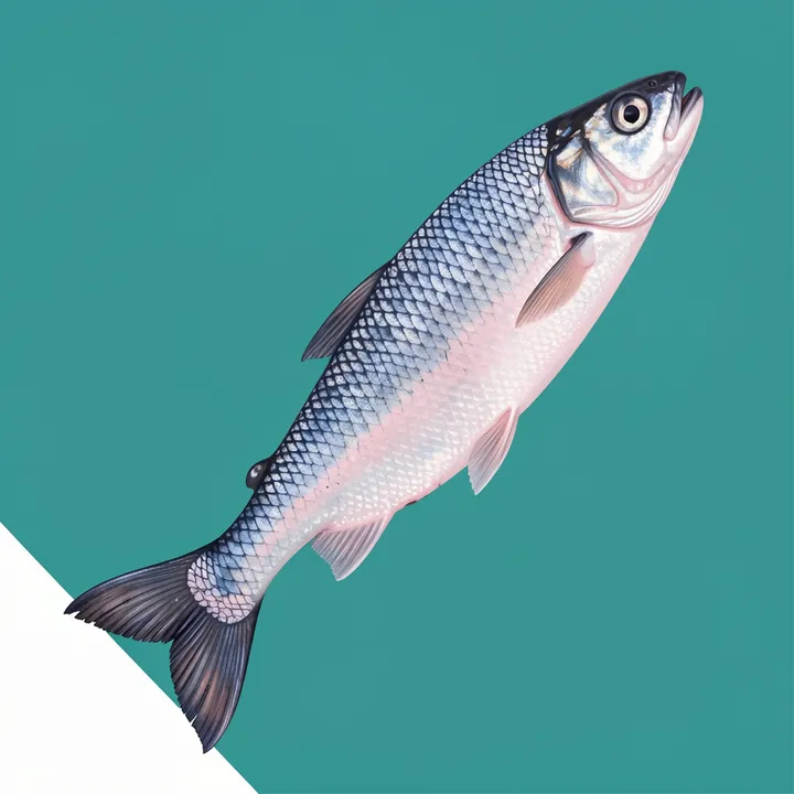 Jumping Blue Salmon. A silver-blue fish leaps diagonally upward across a teal field, with a white triangular shape entering from the lower left.