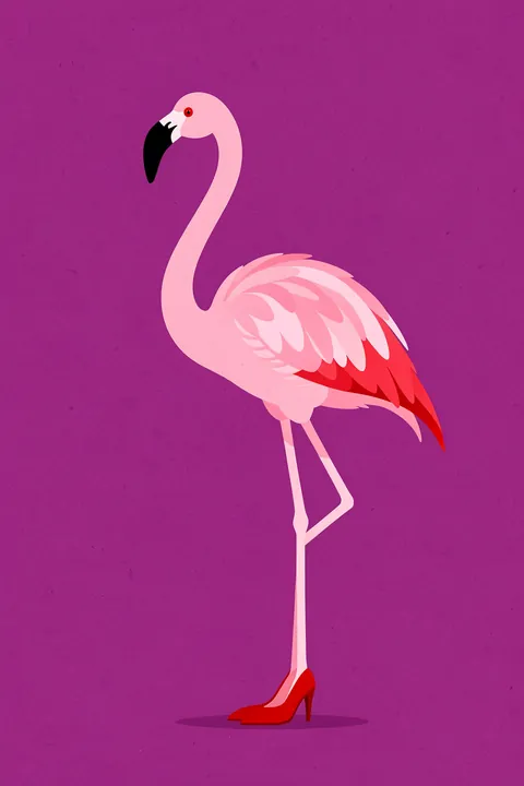 Pink Flamingo Chic. A tall pink flamingo with red-tipped wings and a black bill stands on one leg in a red high heel against a textured purple background.