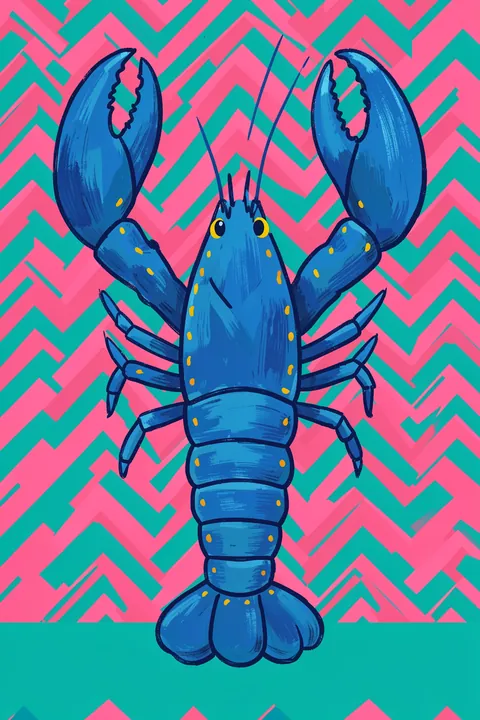 Vibrant Blue Lobster Chevron. A bright blue lobster raises its claws against a pink-and-teal zigzag pattern, with a solid teal band along the bottom.
