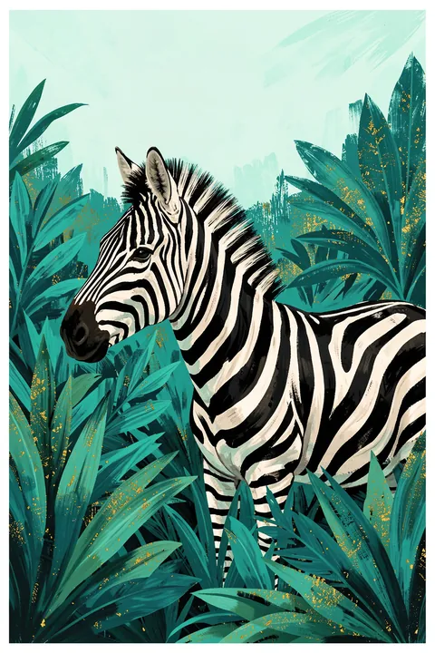 Zebra in the jungle 1. A zebra’s head and striped body emerge from dense teal tropical leaves dotted with small golden accents beneath a pale mint sky.
