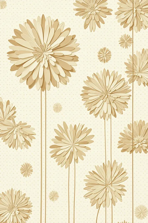 Elegant Floral Pattern. Layered beige and cream daisy-like flowers of varying sizes repeat across a pale dotted background.