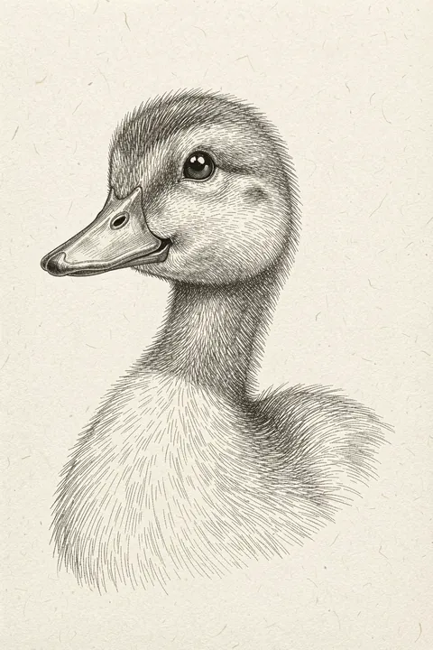 Fluffy Duckling Sketch. A finely crosshatched black-and-white drawing shows a duckling’s head and upper body against textured ivory paper.