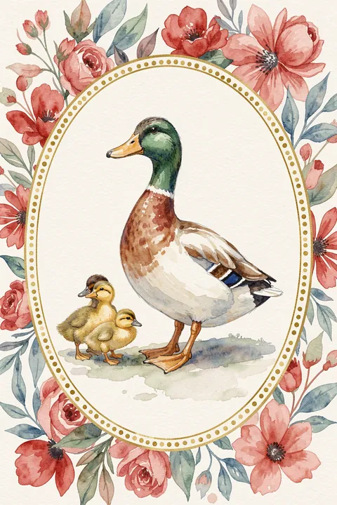 Mother Duck and Ducklings. A mother duck and two ducklings stand inside a dotted oval frame surrounded by watercolor flowers and leafy branches.
